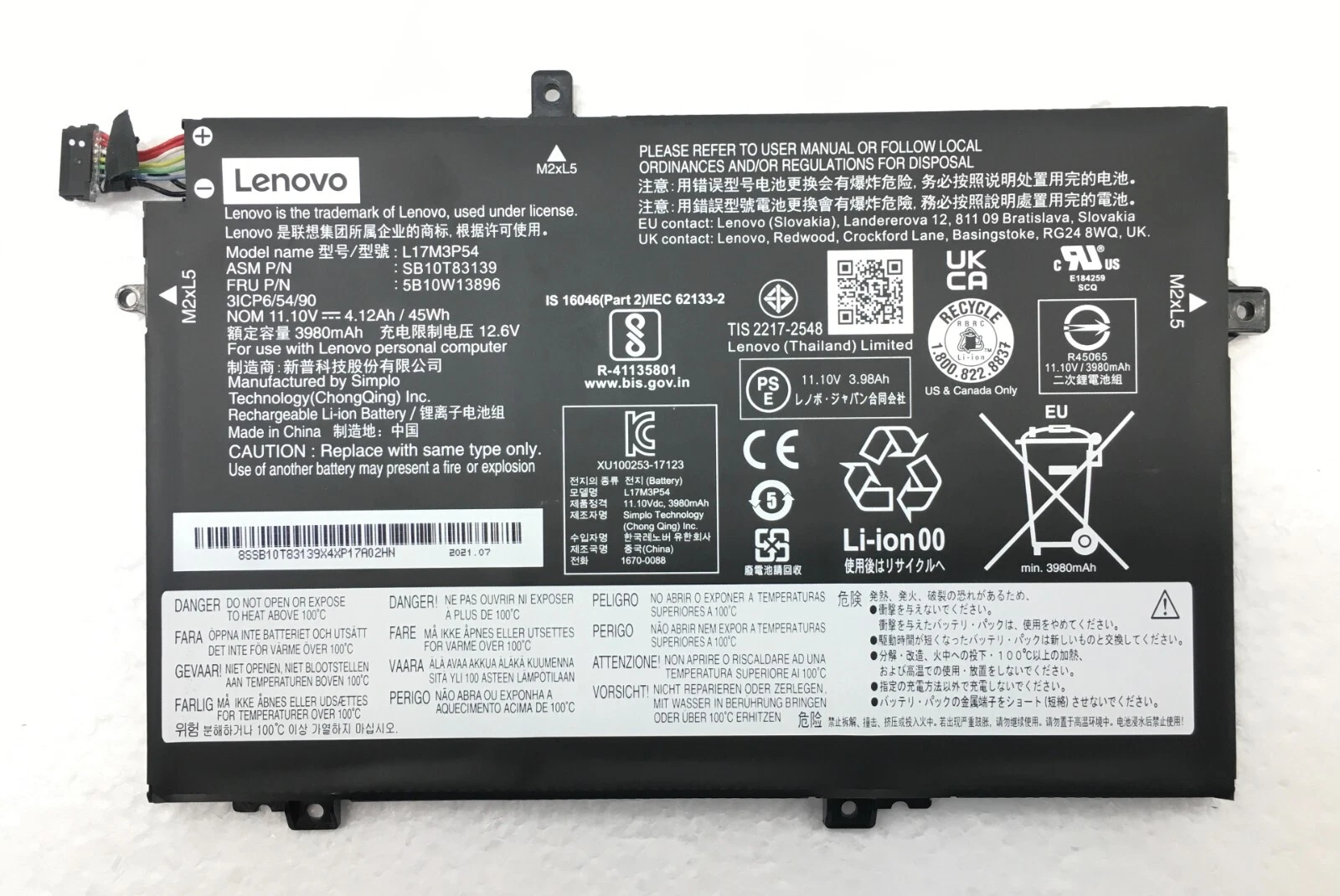Genuine Lenovo ThinkPad L14 Laptop Battery 3980mAh 45Wh L17M3P54 5B10W13896